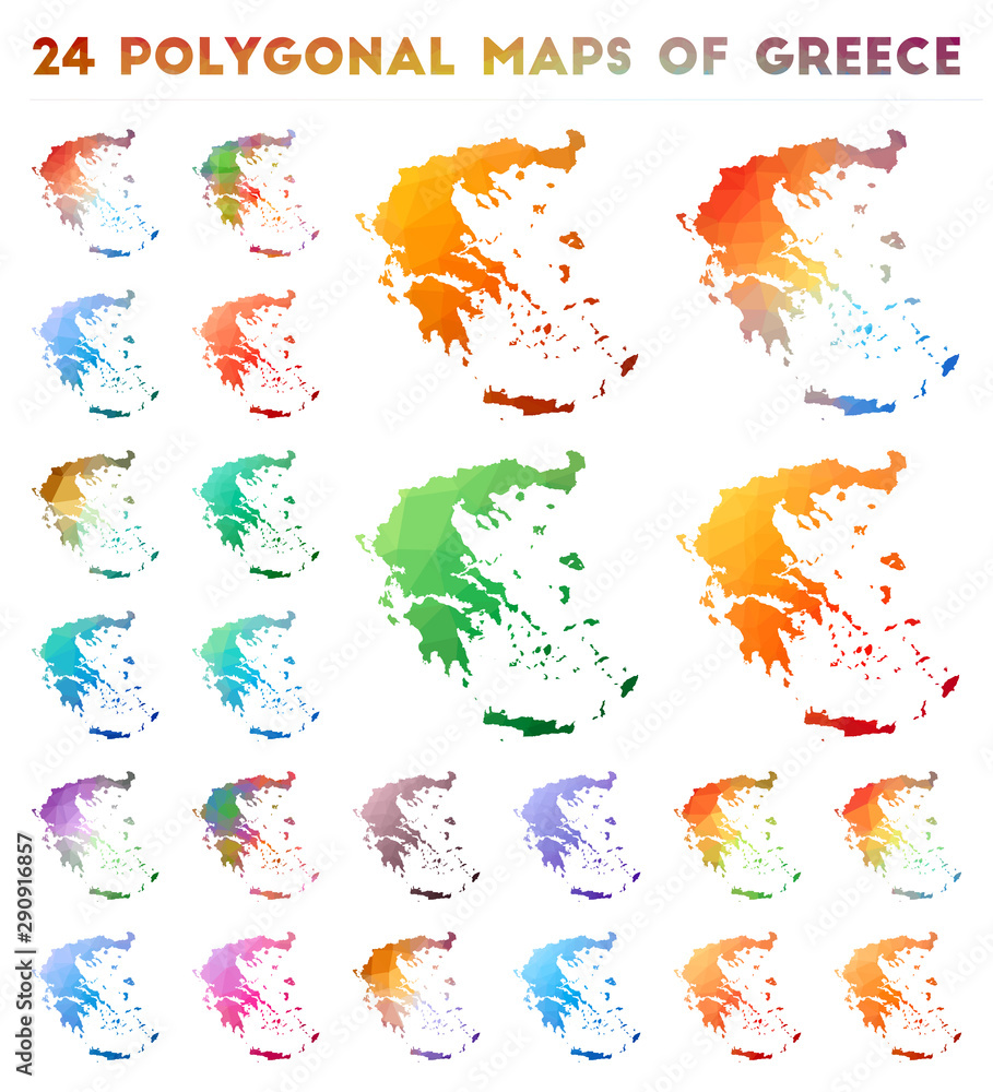 Poster set of vector polygonal maps of greece. bright gradient map of country in low poly style. multicolor
