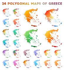 Set of vector polygonal maps of Greece. Bright gradient map of country in low poly style. Multicolored Greece map in geometric style for your infographics.