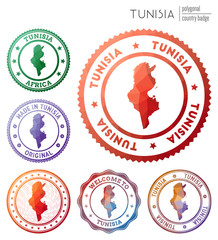 Tunisia badge. Colorful polygonal country symbol. Multicolored geometric Tunisia logos set. Vector illustration.
