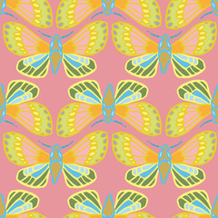 Fototapeta na wymiar Colorful exotic butterfly pattern. Hand drawn butterfly in a row on pink backgpound. For fashion, fabric, wallpaper, packaging design, stationary.