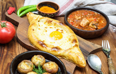 Georgian traditional dishes on a wooden table