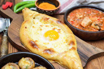 Georgian traditional dishes on a wooden table