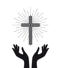 Vector logo church, catholic christian glowing cross with hands. Isolated on white background.