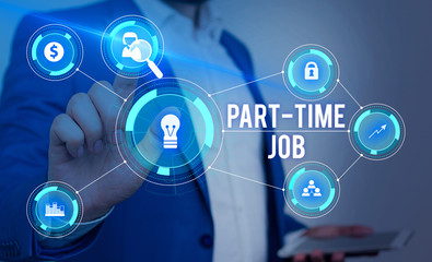 Word writing text Part Time Job. Business photo showcasing Weekender Freelance Casual OJT Neophyte Stint Seasonal Male human wear formal work suit presenting presentation using smart device