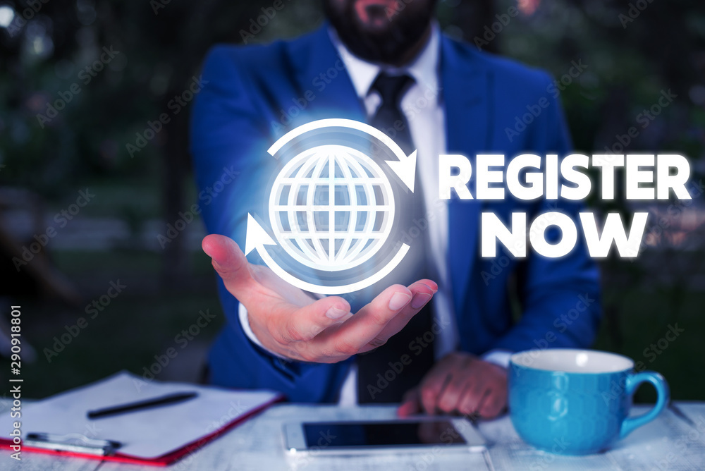 Poster conceptual hand writing showing register now. concept meaning name in an official list enlist to be 