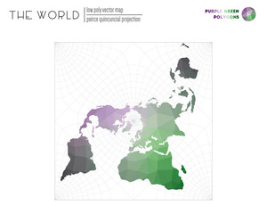 World map with vibrant triangles. Peirce quincuncial projection of the world. Purple Green colored polygons. Amazing vector illustration.