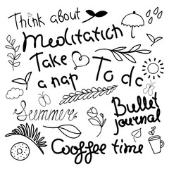 Hand-drawn set. Bullet journal stickers for diary. Objects helping in planning diary. Sticky label describes the action for every day. Labeled elements help you make plans. Motivational lettering.