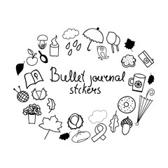 Hand-drawn set. Bullet journal stickers for diary. Objects helping in planning diary. Sticky label describes the action for every day. Labeled elements help you make plans. Quick sketch.