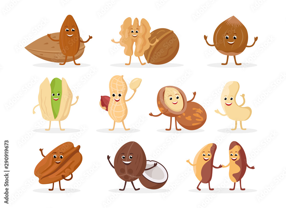Wall mural Set of funny nuts cartoon characters smiling with hands and legs isolated on white background. Cheerful nuts mascots in flat design. - Wall murals