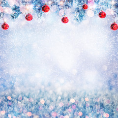 Border winter nature christmas background with frozen spruce branch with glitter lights, bokeh, snow.White frost pine branch. Happy new year card. Text space. Elements of this Image Furnished by NASA.
