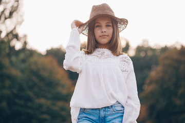 Teen girl hay. Dream. Meadow. Little girl. Nature. Portrait. 