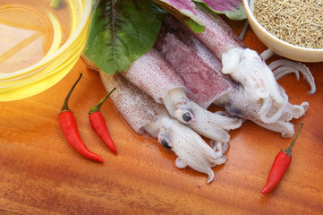 Seafood cooking concept, squids with vegetables on wooden background