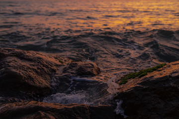 Fototapeta na wymiar sunset. stones near the shore are washed by the sunset sea. Splashing water.