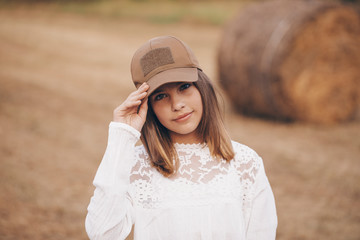 Teen girl hay. Dream. Meadow. Little girl. Nature. Portrait. 