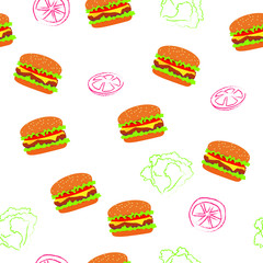 Seamless Pattern of Cute  hamburger, tomato and lettuce on white backgroung.