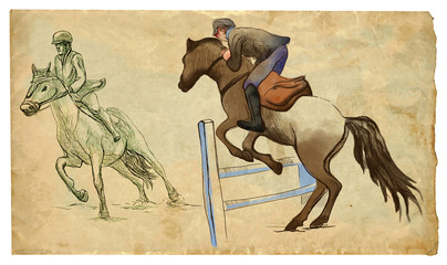 Show Jumping, hand drawn colored illustration. Line art technique on an old paper.