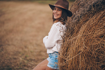 Teen girl hay. Dream. Meadow. Little girl. Nature. Portrait. 