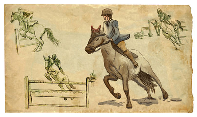 Fototapeta na wymiar Show Jumping, hand drawn colored illustration. Line art technique on an old paper.