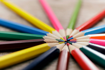 Naklejka premium Close up macro shot of color pencil pile pencil nibs. Many different colored pencils on white background. Education concept.