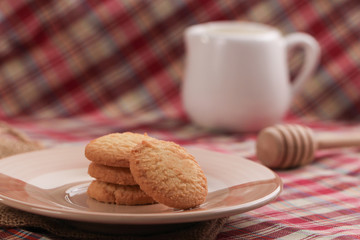 Round sweet cookies. Delicious dessert with high sugar and carbohydrate suitable for eating with milk and tea or coffee on color and white background with colorful placemat