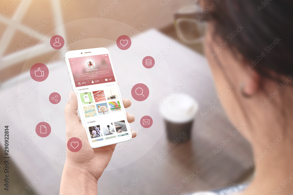 Aufkleber girl use social network app on smart phone. concept of social network marketing and promotion.
