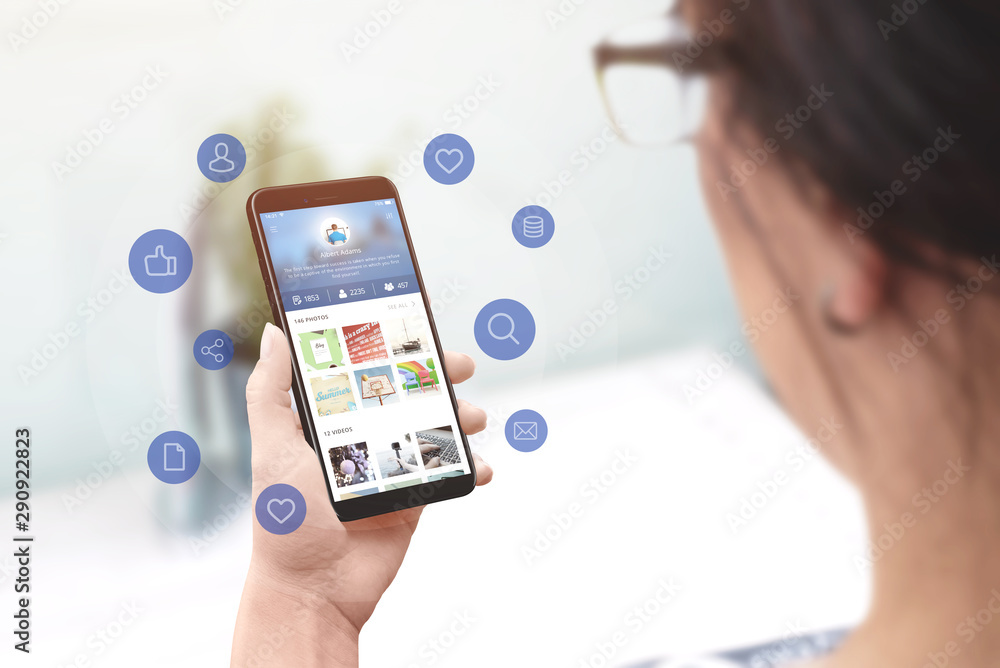 Aufkleber girl views profiles on social network concept. modern flat design app on smart phone surrounded with