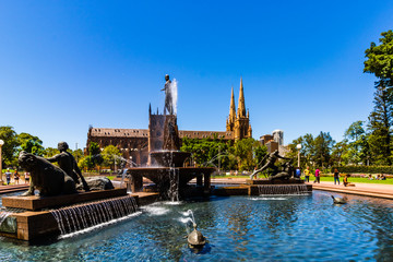 Hyde Park next to Catholic Cathedral of St. Mary in Sydney, Australia, 2019.