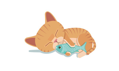 Baby kitten sleeping hugs the toy fish