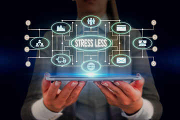 Text sign showing Stress Less. Business photo showcasing Stay away from problems Go out Unwind Meditate Indulge Oneself Woman wear formal work suit presenting presentation using smart device