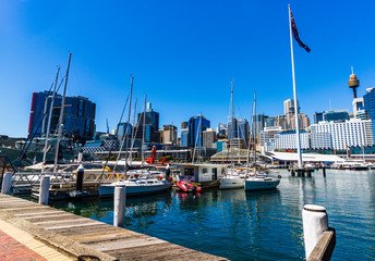 View of Darling Harbor in Sydney, Australia, 2019.