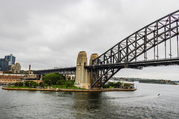 View of Sydney Harbour Bridge on a cloudy day. Sydney, Australia, 2019.