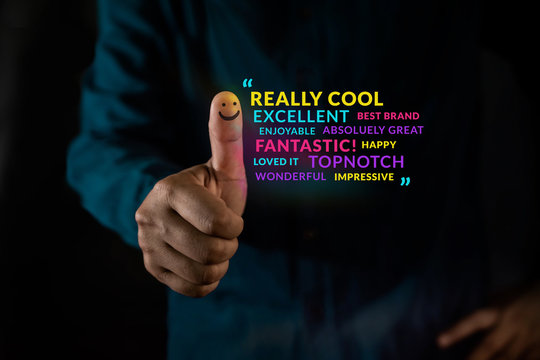 Customer Experiences Concept. Person Giving Positive Review for Client's Satisfaction Surveys. Happy Smiling Face Cartoon on Thumb Up Signal. Dark Tone
