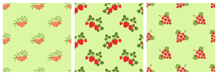 Rowan, mountain ash, viburnum, strawberry and red currant. Seamless pattern set. Vector berries. Natural fashion print. Design for textile or clothes. Hand drawn food background patterns. Vegan menu