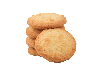 Round sweet cookies. Delicious dessert with high sugar and carbohydrate suitable for eating with milk and tea or coffee on color and white background with colorful placemat