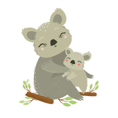 Vector illustration of animals. Koala mom and baby. Lovely hug. Mother's love. Wild bear. Marsupial animal