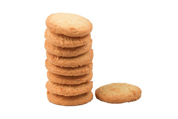 Round sweet cookies. Delicious dessert with high sugar and carbohydrate suitable for eating with milk and tea or coffee on color and white background with colorful placemat
