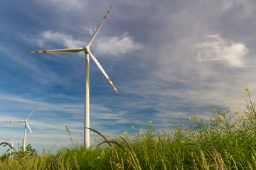Eco power. Wind farm. Renewable energy resources. Wind turbine field in Poland