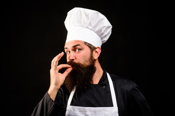 Bearded chef cook showing ok sign. Professional chef man in restaurant showing sign for delicious. Male chef gesturing okay. Chef in cook uniform with perfect sign. Cook or baker gesturing excellent.