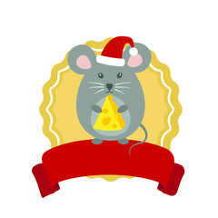 Cute grey mouse, santa hat, vector illustration