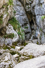 Fototapeta na wymiar Entrance to Source of Soča River, Main Pond Cave in Julian Alps. Bovec, Gorizia, Slovenia, Europe.