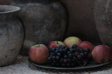 fruit on copper tray still life