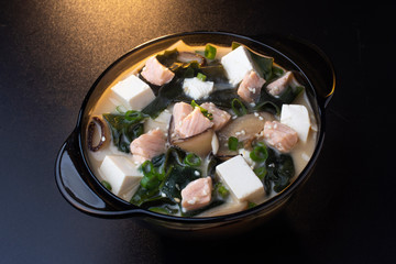 miso soup with salmon and tofu