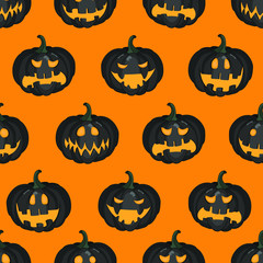 Vector seamless Halloween pattern with scary black pumpkins on orange background for greeting card, gift box, wallpaper, fabric, web design.