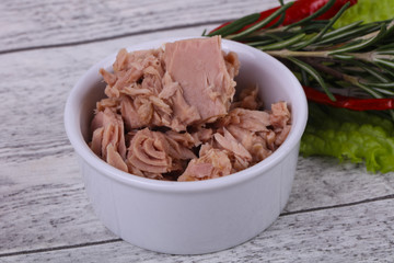 Tasty canned tuna fish in the bowl