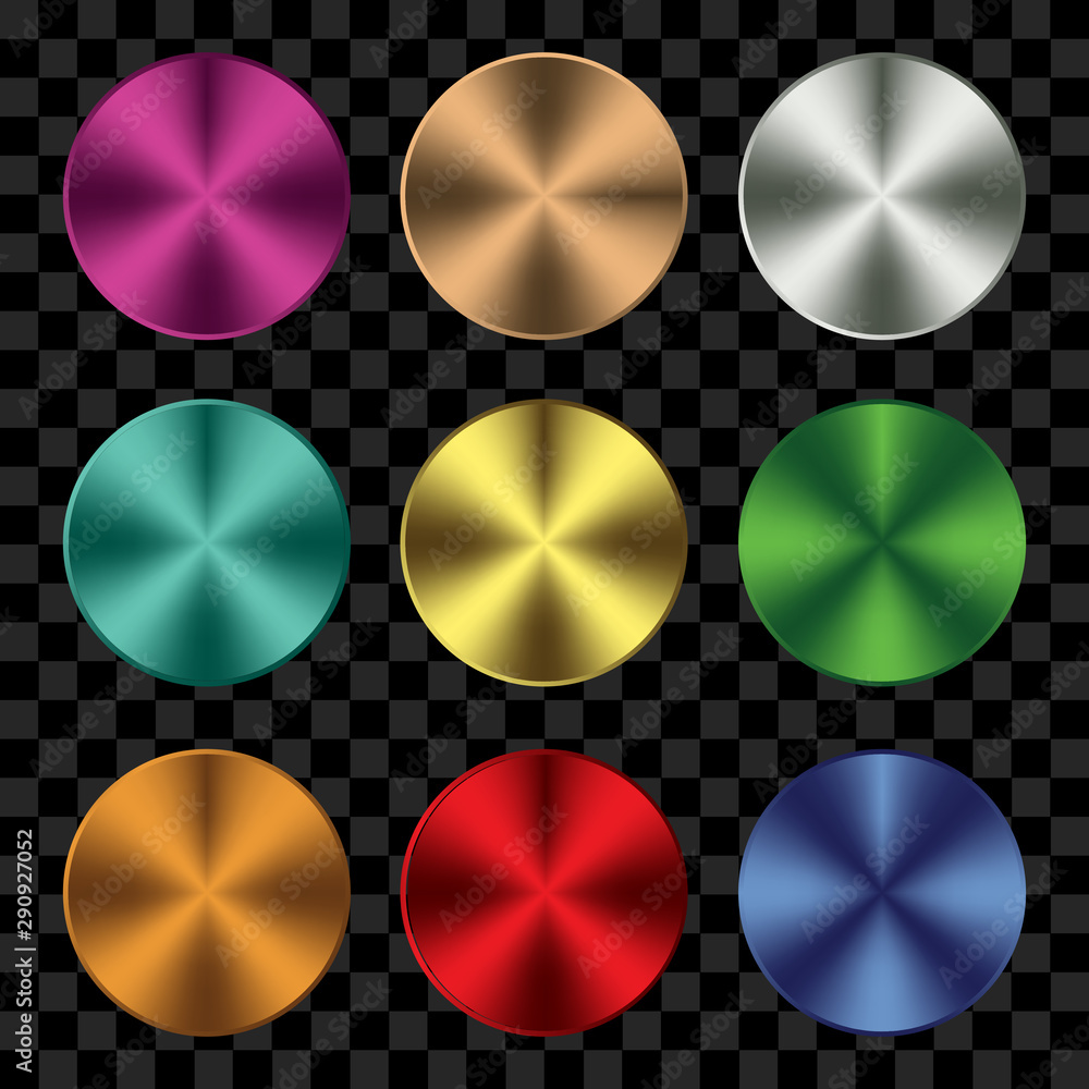 Poster set of colorful of metallic circle shape with radial gradient texture. vector design template for us