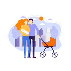 Parents on a walk with their child. Couple with baby against the background of the city.  