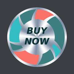 Buy now web button. Vector round metallic and color icon. Button add to cart
