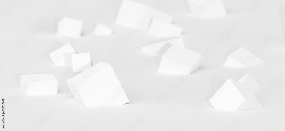 Poster abstract background with white cubes floating on plane. focus on close up cube and blurred backgroun
