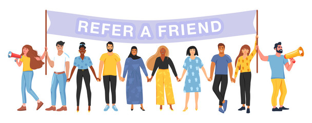Referral marketing concept. Group of people different nationalities and cultures holding a flag with refer a friend word. People shouting on megaphone and hold hands. Vector. - obrazy, fototapety, plakaty