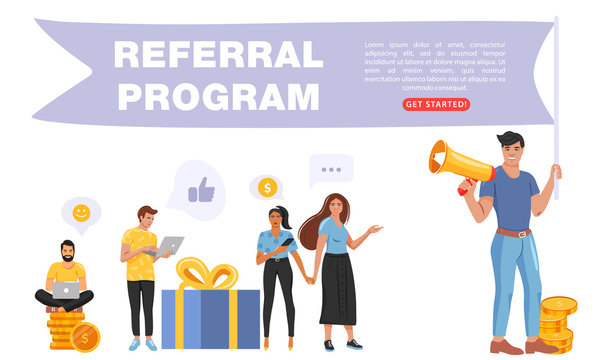 Refer a friend concept. Man holding a flag with referral program word and shouting on megaphone. People share info about referral program. Landing page template. Vector.